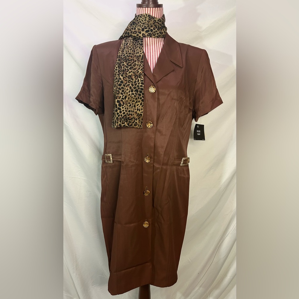 NWT Vintage 80s JSJ Petite Brown Leopard Print Retro Button Up Dress Scarf Sz 16